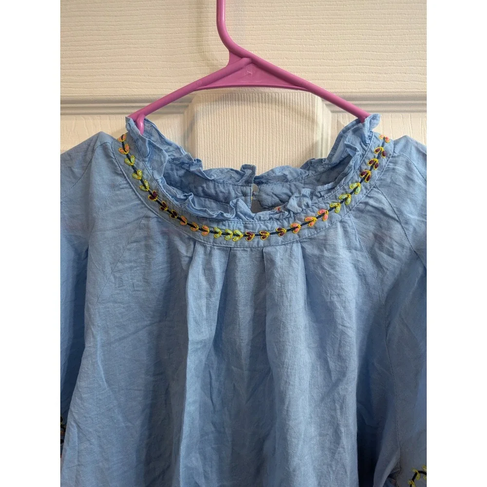 Banjanan Light Blue Embroidered Ruffle Neck Flutter Sleeve Cotton Top - Size S - Picture 4 of 6